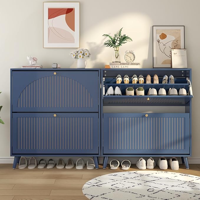 Shoe Storage Cabinet for Entryway with 2 Flip Drawers, Narrow Wood Shoe Cabinet with Fluted Panel, Freestanding Hidden Shoe Organizer for Foyer, Hallway (Blue - with Shelf)