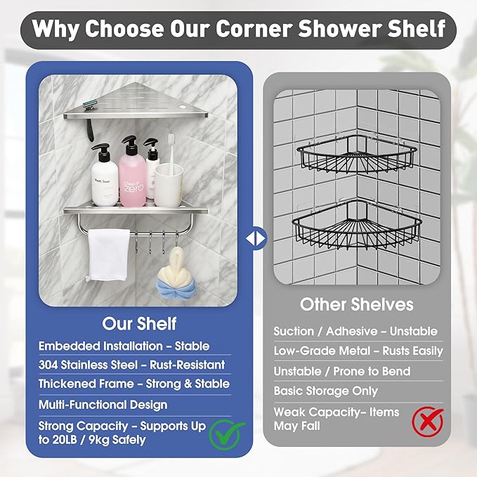 Shower Corner Shelf, 10'' Corner Shower Shelf with Towel Bar & Hooks, 2-Pack 304 Stainless Steel Recessed Bathroom Shelves, No Drilling for Tiled Wall (Brushed Nickel)