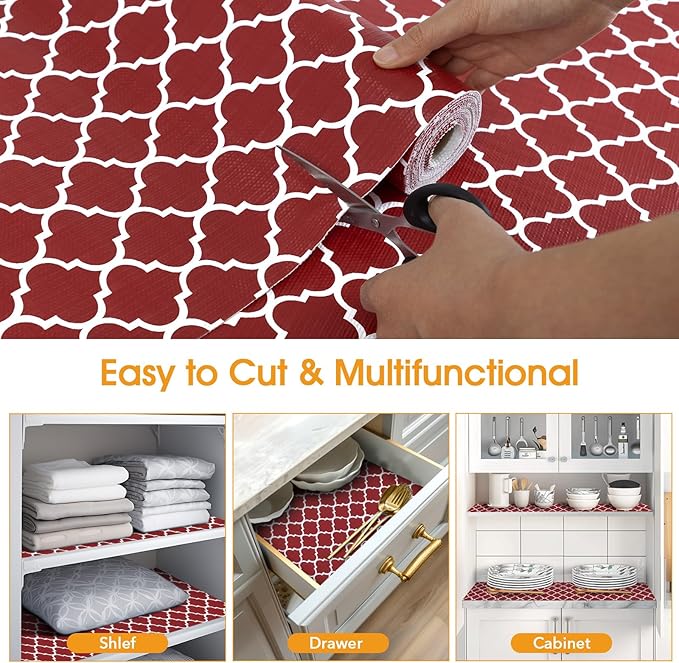 Shelf and Drawer Liner for Kitchen Cabinets Non-Adhesive, Strong Grip Non-Slip Thickened Cabinet Liners for Shelves, Waterproof Mats for Dresser Cupboard, Red/White, 23 in x 10 Feet