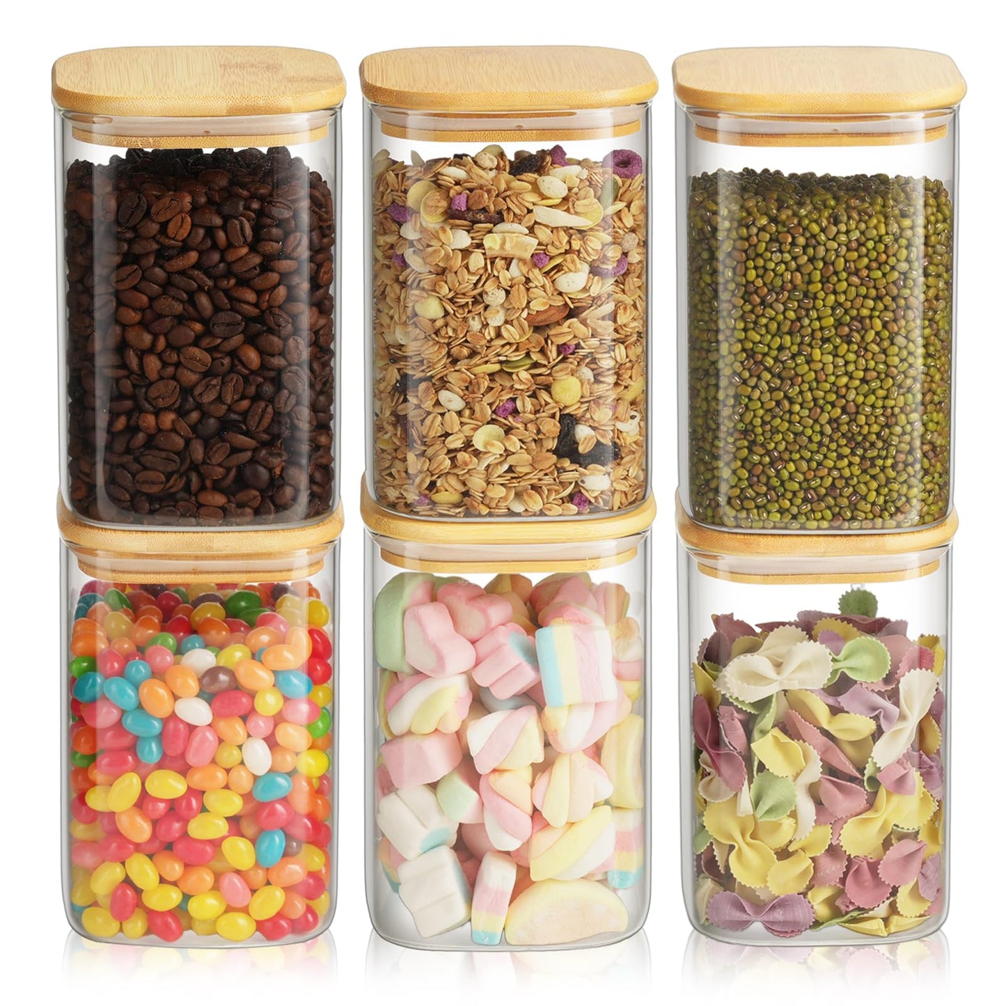 Glass Spaghetti Pasta Storage Container - 5 Pack Airtight Food Storage Jar Set with Bamboo Lid Labels - Square Kitchen Pantry Canister Organizers for Cookies Candy Coffee Bean Sugar Tea Spice Flour
