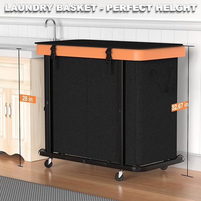 230L (60 Gal) Large Fashion Laundry Basket with Wheels, Leather Patchwork Laundry Sorter 3 Section, Sturdy Metal Frame, Removable Washable Bag, Tall Clothes Sorter for Bedroom - Black