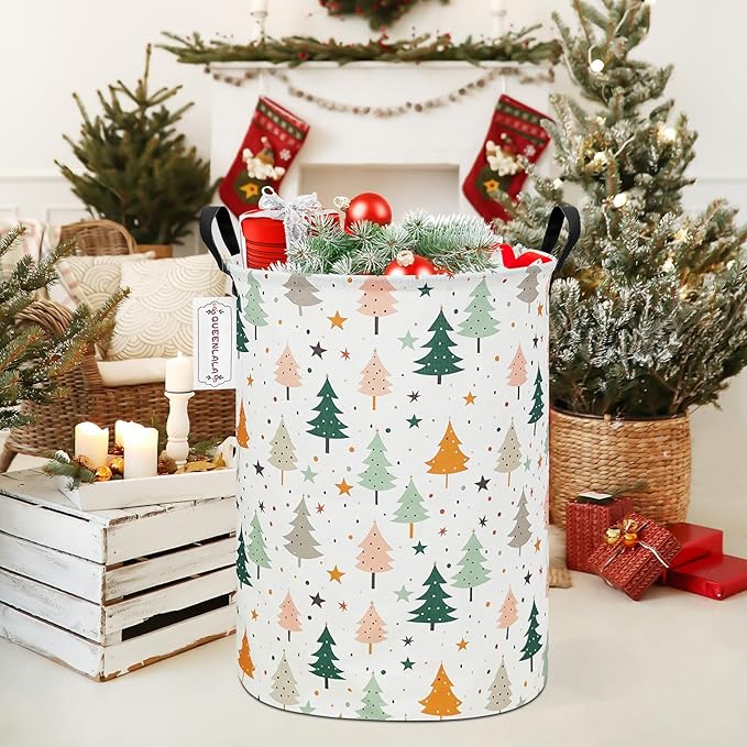 QUEENLALA Large Storage Basket,Laundry Hamper/Bathroom/Home Decor/Collapsible Round Storage Bin,Boys and Girls Hamper/Boxes/Clothing(Round-pine tree)