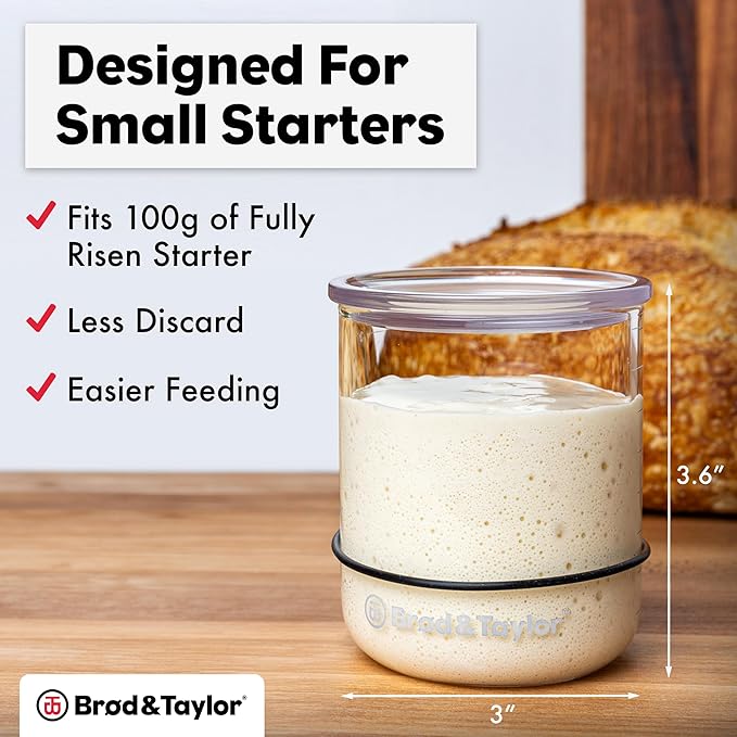 Brod & Taylor Small Sourdough Starter Jar (12oz) Less Discard Waste, 100% Dishwasher Safe, Measurement Markings, and Height Marker (Durable Glass Jar, BPA-Free)
