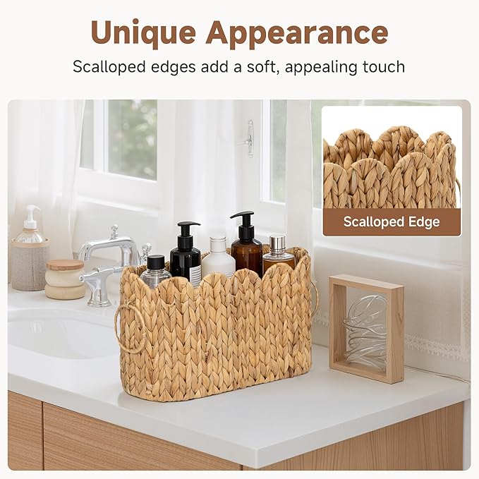 StorageWorks Scalloped Bathroom Toilet Paper Storage Holder, Wicker Toilet Paper Basket for 6 Regular Rolls, Slim Scalloped Basket Organizer with Handles, Water Hyacinth Storage Baskets for Bathroom