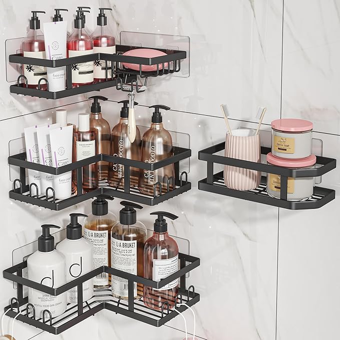 Shower Caddy Corner with Soap Holder, No Drilling Shower Shelves-Rustproof, Adhesive Shower Organizer Corner for Dorm. Black, 4-Pack