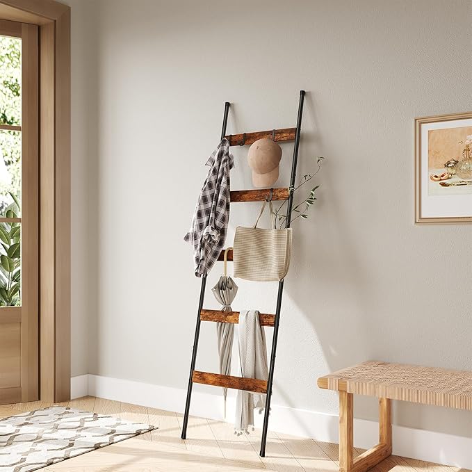 ELYKEN 2 Pack Blanket Ladder for Living Room, Farmhouse 5-Tier Quilt Holder with 4 Removable Hooks for Bathroom, Wood Towel Rack Display, Wall Anchor Leaning Decorative Stand for Home, Rustic Brown
