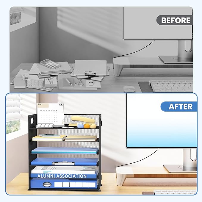 Daltack 6 Tier Paper Organizer for Desk, Paper Letter Tray Organizer for Desks, Mesh Desk File Organizers with Handle for Office, Home, School, Black, 2 Pack