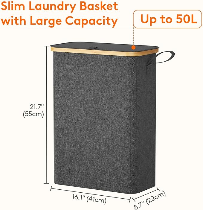 Lifewit 50L Slim Laundry Hamper with Lid, Narrow Laundry Basket with Removable Bag & Bamboo Handles, Fodable Thin Dirty Clothes Hamper for Laundry Collapsible Bin for Bathroom Bedroom Dorm, Dark Gray