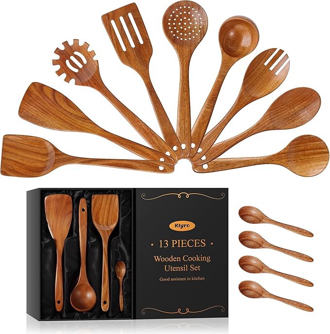 KLYRO 13 Pcs Wooden Cooking Utensil Set with Gift Box – Natural Wooden Spoons for Cooking & Serving, Nonstick Friendly, Perfect Housewarming & Holiday Gift
