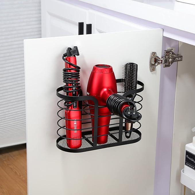 YIGII Hair Dryer Holder - Wall Mount/Adhesive Blow Dryer Holder Bathroom Organizer Hot Tools Organizer for Hair Dryer, Electric Shaver Black