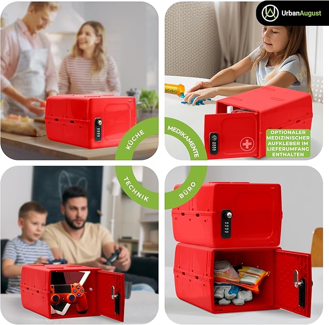 Urban August Dual Combination & Keyed Lockbox - Lockable Box for Everyday Use - Multi-Purpose lock for Home & Office Safety - Made of Industrial-Grade Plastic - One Size (Medical Red)