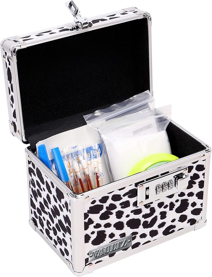 Vaultz Medicine Lock Box w/Combination Lock - 5 x 7 x 5 Cabinet Safe, Black & White Leopard