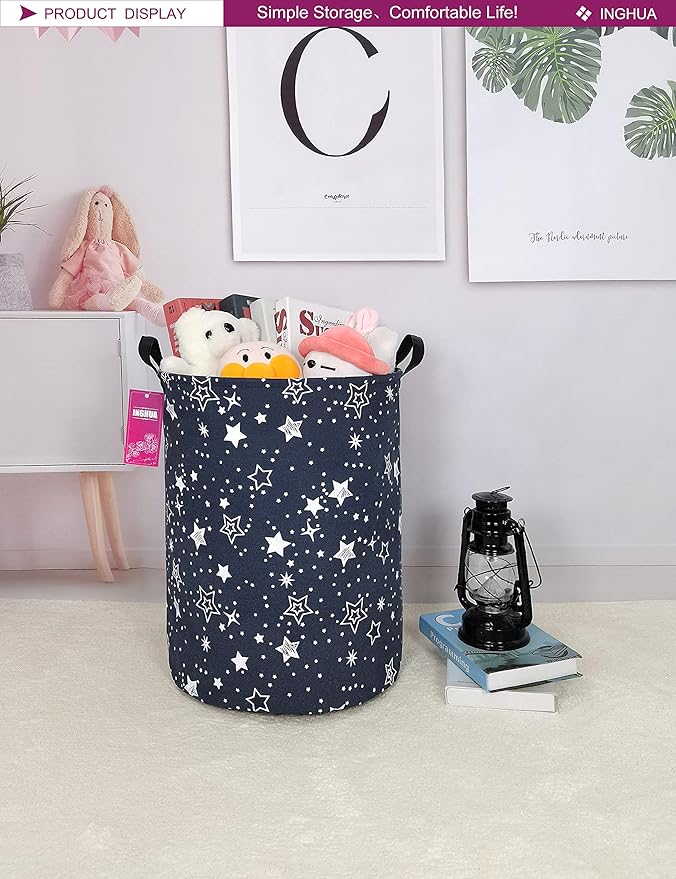 Laundry Hamper Large Canvas Fabric Lightweight Storage Basket/Toy Organizer/Dirty Clothes Collapsible Waterproof for College Dorms, Boys and Girls Bedroom,Bathroom(Blue star)