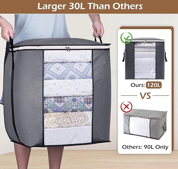 SLEEPING LAMB 120L Extra Large Blanket Storage Bags Breathable Clothes Storage Containers for King Comforter Bedding Pillow Sheet, Reinforced Handles, Grey