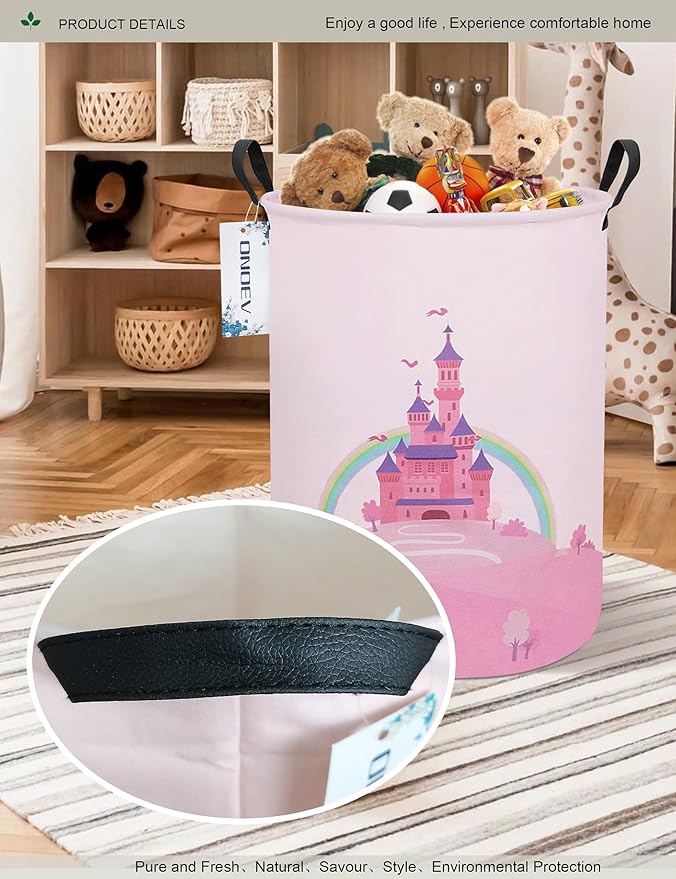Laundry Hamper, Round Waterproof Storage Basket with Handle, Foldable, Pink Castle, 19.7in(H) x 15.7in(D), for Children's Room and Toy Storage