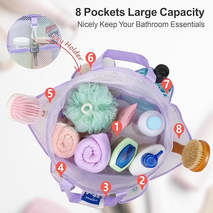 F-color Mesh Shower Caddy Portable with Drawstring - Large 8 Pockets Dorm Room Essentials for Guys Girls with S Hook, Shower Bag Basket Tote for College Camping Gym Travel Toiletry Bathroom, Purple