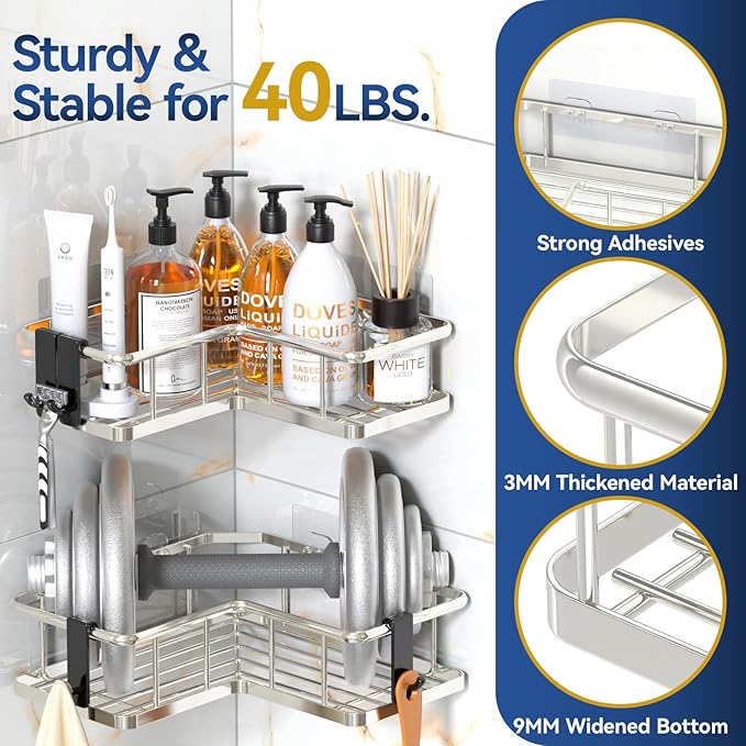 YASONIC Corner Shower Caddy Organizer, Self-Adhesive Rustproof Bath Shelves with Soap Holder & 4 Hooks, Large Capacity Shower Storage Rack for Bathroom Organization, (3Pack, Silver)