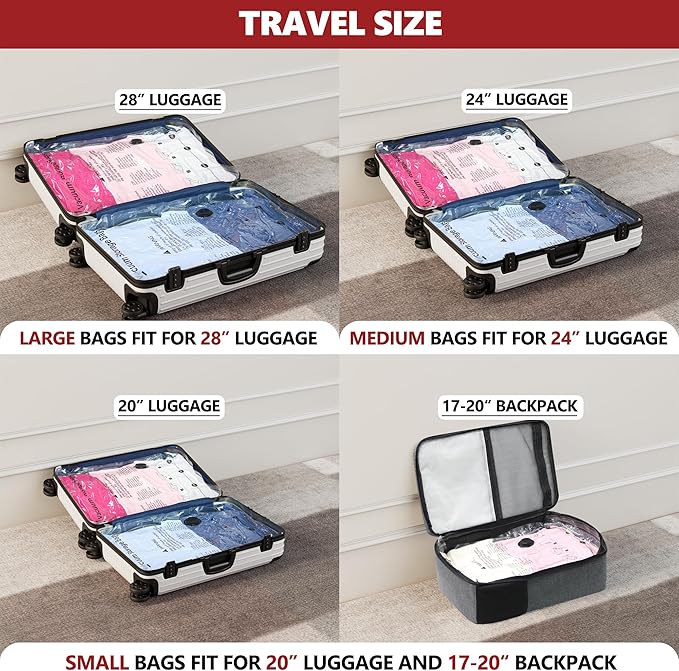 Vacuum Bags for Travel with Rechargeable Pump, 10 Small Compression Packing Seal Bags for Luggage Suitcase, Space Saver for Clothing and Clothes Storage Travel