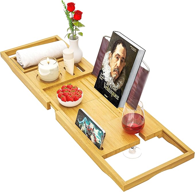 Premium Bathtub Tray Caddy - Bath Tray Expandable - Bath Tub Tray Table for Bathtub, Bamboo Wooden, Fits Most Bath Tubs