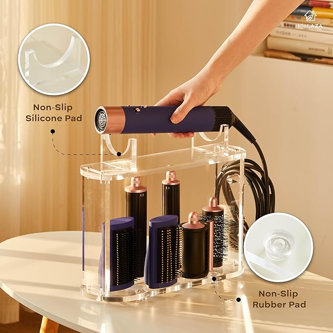 LifeLAZA Acrylic Holder and Organizer Compatible with Airwrap of Dyson and Airwrap Attachments, Airwrap Stand Storage, Countertop Airwrap Styler Rack Compatible with Airwrap Accessories