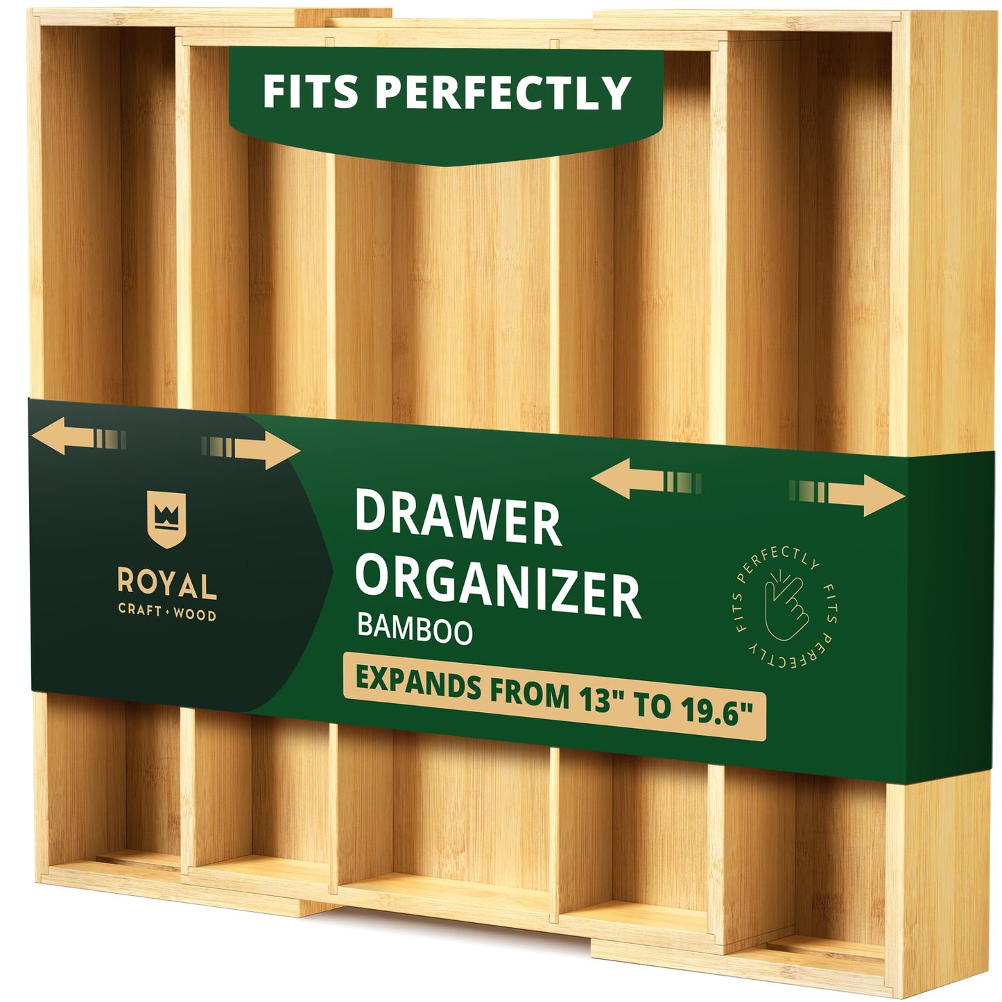 ROYAL CRAFT WOOD Luxury Bamboo Kitchen Drawer Organizer - Silverware Organizer - Utensil Holder and Cutlery Tray with Grooved Drawer Dividers for Flatware and Kitchen Utensils (7 Slot, Gray)