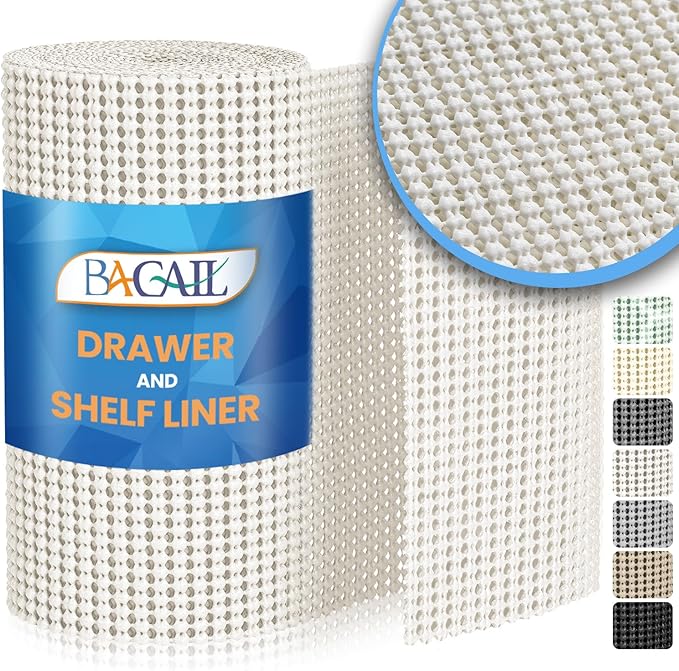 BAGAIL Drawer and Shelf Liner, 17.5 in X 20 Ft Non-Adhesive Shelf Liners for Kitchen Cabinets, Thick Strong Grip Liners for Desk, Shelves, Bathroom Drawers, Cabinet Protection - White