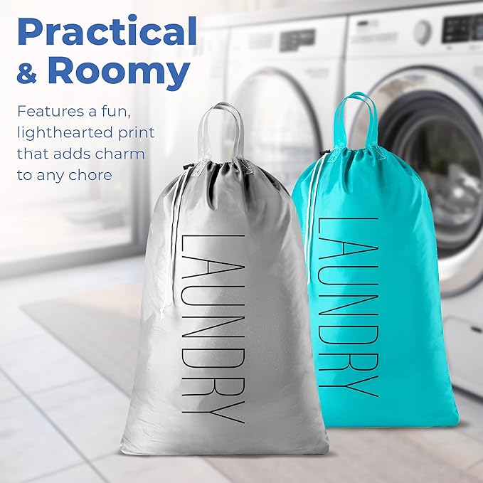 Extra Large Travel Laundry Bag - 2-Pack Fun Print Design Bags for Dirty Clothes - Durable Water-Resistant Fabric - Sturdy Drawstring Closure (Teal-Grey | Laundry)