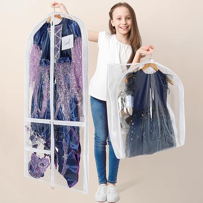 Univivi Clear PVC Dance Costume Bags Garment Bag 50 Inch for Dance Competitions, with 3 Seperated Medium Clear Zipper Pockets and 1 Large Back Zippered Pocket