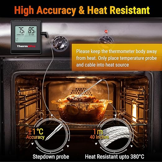 TempPro TP16H Large LCD Digital Meat Thermometer for Cooking, Smoking, Grilling, BBQ Food Thermometer with Clock Timer and Stainless Steel Probe, Black