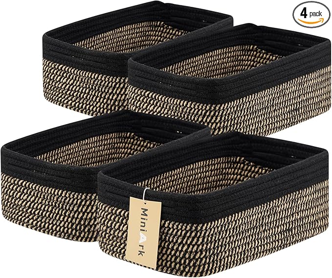 Small Storage Baskets for Organizing | Closet Organizer Bins | Shelf Toy Basket | Woven Rope Baskets | Cube Decorative Box | Shallow Basket | 13x8.5x5.1” | 4 Packs Black Brown