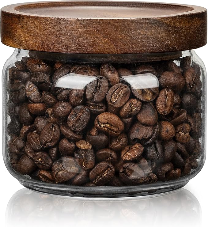 piconesper 2PCS Small Glass Storage Jars with Airtight Lids, 11 fl oz (300ml) coffee container with Wooden Lid, Glass Pantry Canister for Beans, Rice, Sugar and etc