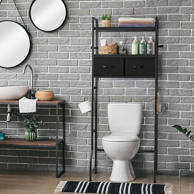 YBING Black Over The Toilet Storage Cabinet, Over Toilet Bathroom Organizer Freestanding, Above Toilet Storage Cabinet, Over Toilet Storage Shelf with Drawers