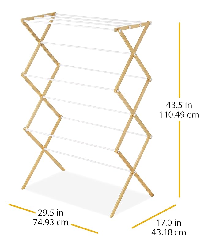 Whitmor Foldable Clothes Drying Rack: 3 Tier Laundry Drying Rack, Collapsible Drying Rack Clothing, Portable Space Saving Clothing Rack for Indoor Outdoor, 17.0“ L x 29.5” W x 43.5“ H, Wood
