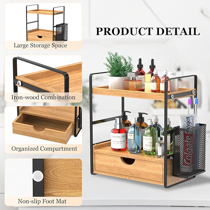 LEMIKKLE 2-Tier Bathroom Organizer with Drawers and Baskets, Multi-Purpose Makeup Organizer Countertop, Large Skincare Organizers, Exquisite Vanity Organizer,Wood