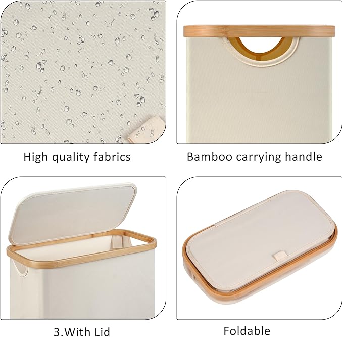 Slim Laundry Hamper,Narrow laundry Hamper with Lid,60L Hamper for Laundry,Dirty Cloth Hamper with Bamboo Handle for Toys,Towels, Clothes Organizing,Beige