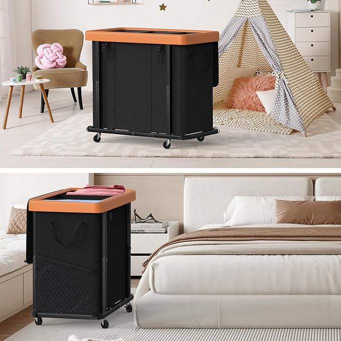 230L (60 Gal) Large Fashion Laundry Basket with Wheels, Leather Patchwork Laundry Sorter 3 Section, Sturdy Metal Frame, Removable Washable Bag, Tall Clothes Sorter for Bedroom - Black