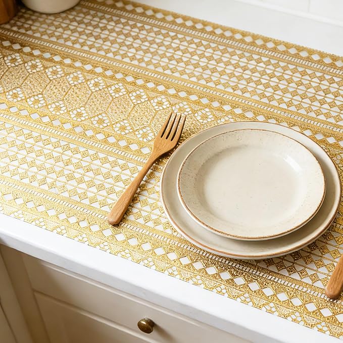 Drawer and Shelf Liner - Gold Geometric Lace Pattern,Non Adhesive Non Slip Waterproof Easy-Clean Shelf Liner for Kitchen Cabinet, Refrigerator, Bathroom, Pantry Storage Drawers, 17 in x 30 Ft