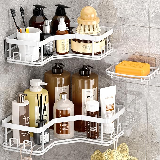 MAXIFFE 3 Pack X-Large Corner Shower Caddy with Soap Holder, Large Capacity Sturdy Easy Install No Drilling Stainless Steel Hold 40 LB Shower Organizer Shelves Rack for Family Renters Bathroom, White