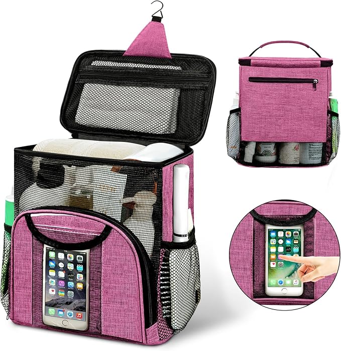 Attmu Portable Shower Caddy College Tote Bag, Quick Dry Hanging Toiletry Bag, Large Capacity Mesh Shower Caddy Portable for College Dorm Room Essentials for Boys and Girls for Bath Camping (Pink)