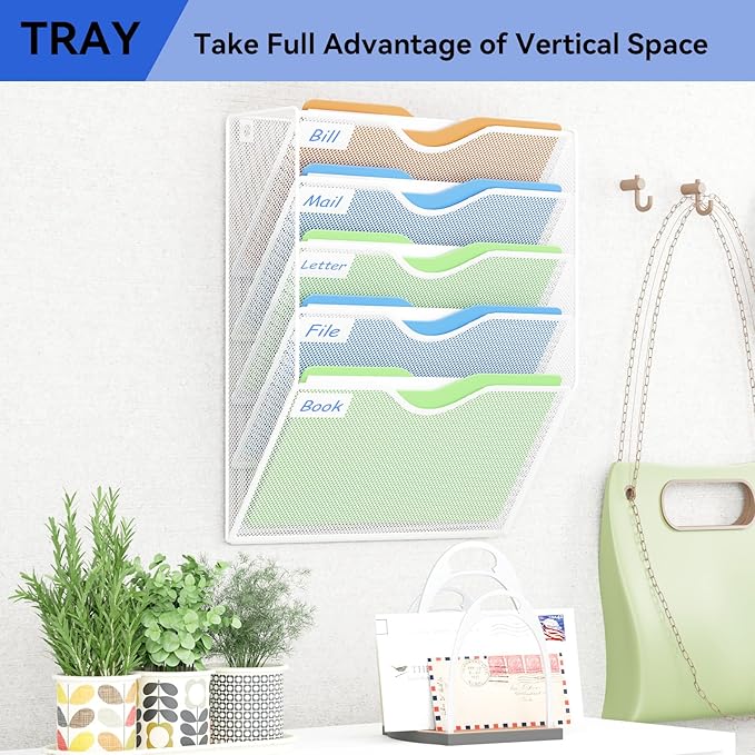 5 Pockets Hanging Wall File Organizer Mail Holder, Wall Mounted Paper Document Folder Holder, Clipboard Storage Organization Magazine Rack, White