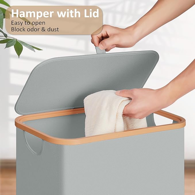 Slim Laundry Basket with Lid, Narrow Dirty Clothes Hampers for Laundry with Handle, Skinny Laundry Bin for Laundry Room, Dorm, Bedroom and Bathroom, 19.8 Gallon (75L) Silver Grey