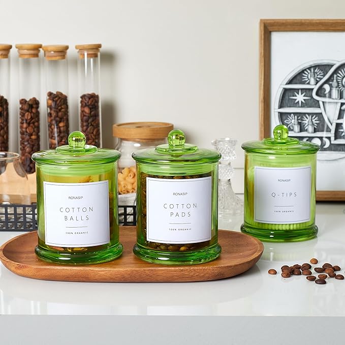 3 Pack Green Qtip Holder Dispenser, 16oz Bathroom Organizer and Storage Canisters, Glass Apothecary Jars with Lid - Home Decor, Room Decor Aesthetic