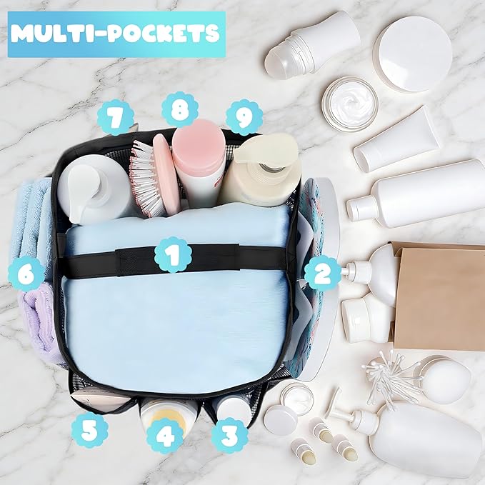 Attmu Mesh Shower Caddy Portable for College Dorm Room Essentials with 8 Pockets, Hanging Caddy Dorm Basket, Quick Dry Shower Bag for Bathroom