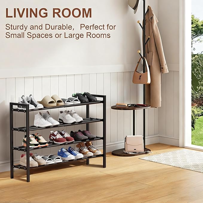 4-Tier Expandable Shoe Rack, Adjustable Shoe Shelf Storage Organizer Heavy Duty Metal Free Standing Shoe Rack for Entryway Closet Doorway (Black)
