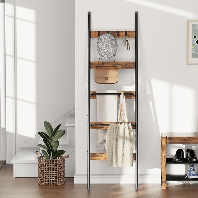 Blanket Ladder, 5-Tier Towel Holder with 2 U-shaped storage rack, Farmhouse Wall Leaning Decorative Rack Shelf, Towel Display Rack, Removable Hooks, Quilt Ladder for Living Room, Bedroom, Rustic Brown