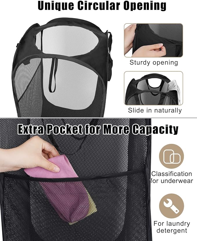 2 Pcs Strong Mesh Pop-up Laundry Hamper, Quality Pop Up Hampers for Laundry with Durable Handles Solid Bottom High Carbon Steel Frame, Easy to Open and Fold Flat for Storage(Black)