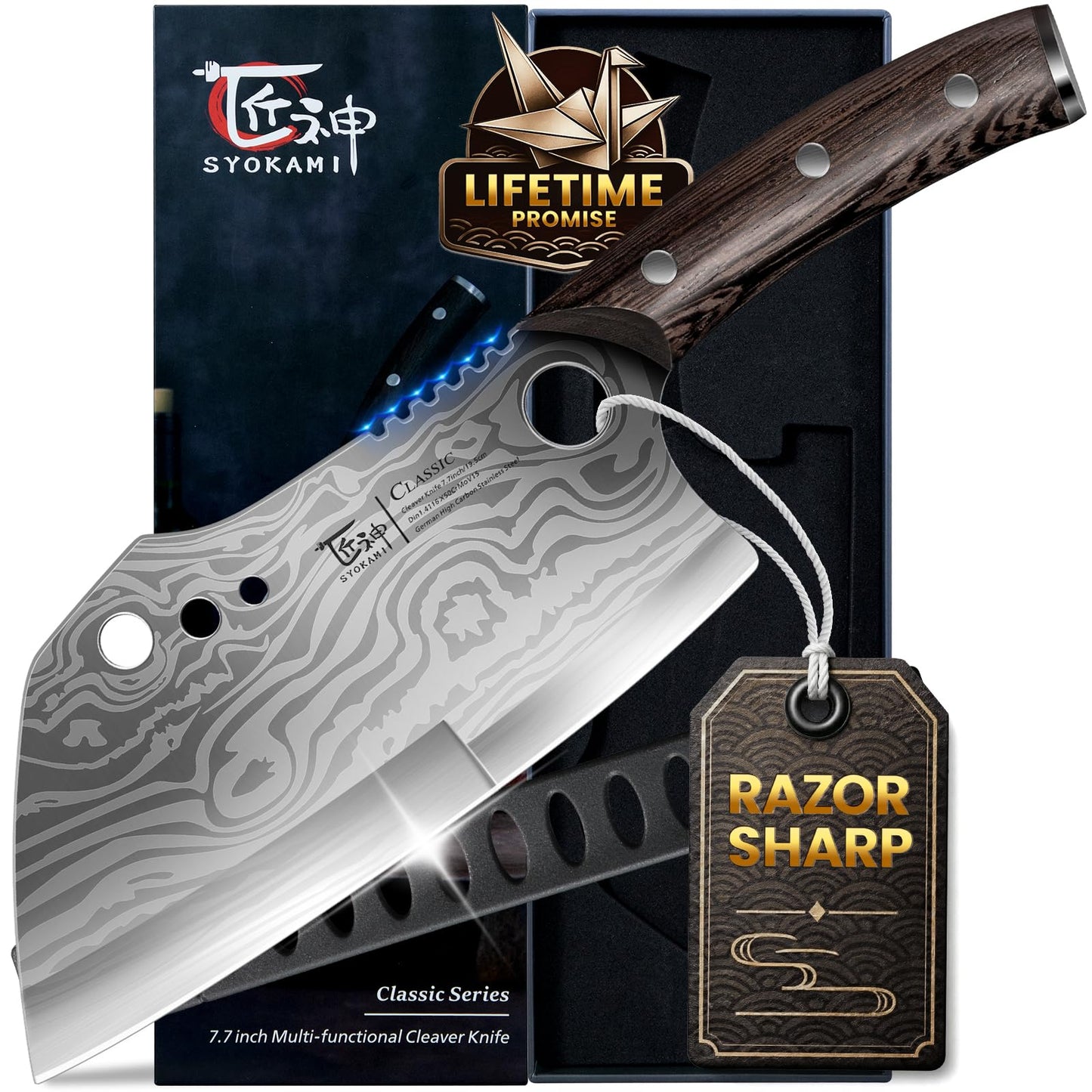 SYOKAMI Meat Cleaver Chef Knife with Sheath, 7.7 Inch Butcher Knife
