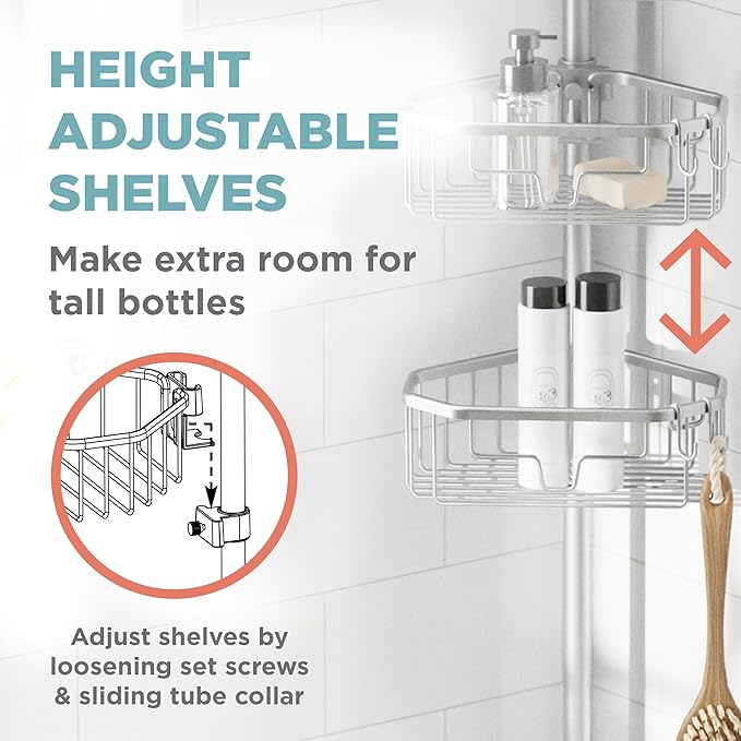 Zenna Home Tension Pole Shower Caddy Corner Organizer, Adjustable Standing Shower Caddy with 4 Shelves, Rustproof Bathroom Tension Rod Organizer, 60 to 108 Inch, Satin Chrome