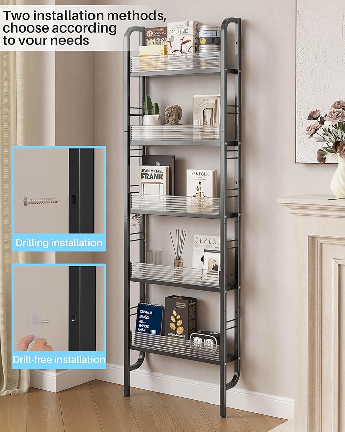 UMDONX Behind The Door Bathroom Shelf Narrow 5-Tier, Slim Space-Saving Storage Shelf, Freestanding Narrow Shelving Unit for Bathroom, Kitchen, Closet and Laundry Room Black