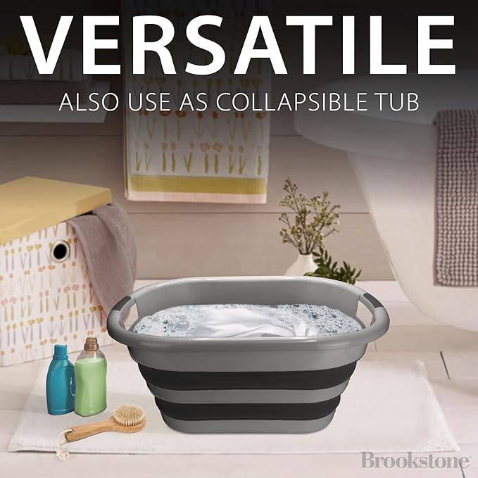 BROOKSTONE Collapsible Laundry Basket Set, Modern Medium Collapsible Basket Set, Comfort Non-Slip Grip Handles, Minimalist Space Saving Design, Portable Pop-Up Hamper, BPA FREE, Dark Grey, 2 PACK